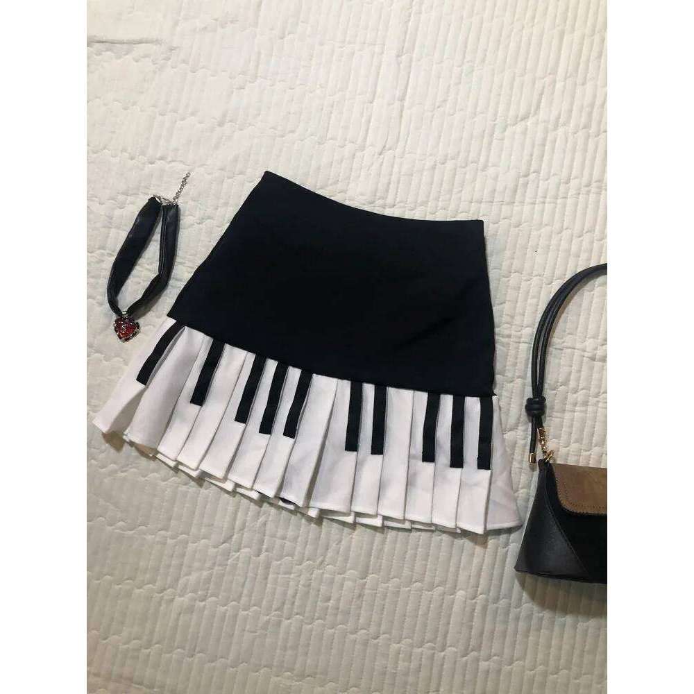 2000s Aesthetic Elegant Women Piano skirt Stripe Design Y2k Slim Mini Skirt Female Black White Spliced Korea Style Chic Outfits Z260314