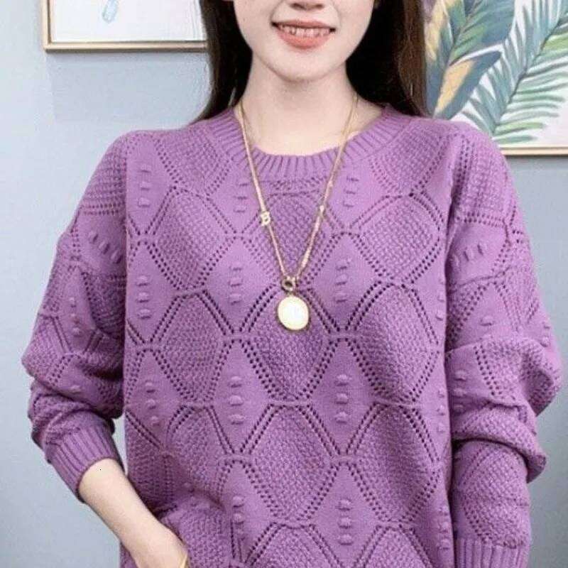 Fashion Round Neck Solid Color Knitted Sweater Hollow Women's Clothing Spring and Autumn Summer New Thin Loose Long Sleeves Z260313