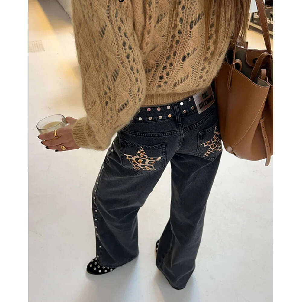 Fashion Leopard Star Print Jeans Women High Waist Zipper Straight Wide Leg Pants 2026 Spring New Lady Casual Streetwear Z260313