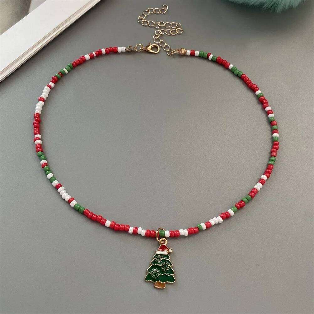 Christmas Necklaces for Women Girls Handmade Rice Beads X'mas Tree Santa Claus Snowman Gift Necklace Pendant New Year Jewelry H260312