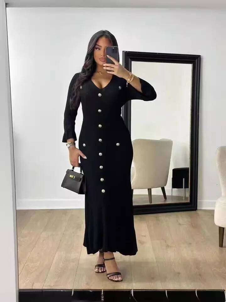 Elegant Knitted Fashion V-neck Sleeves Slim Buttons Solid Color Long Dress Spring Autumn Commuting Women Clothing Z260314