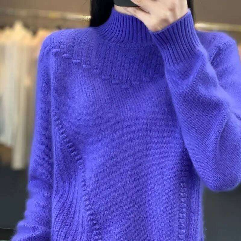 2024 Autumn New Loose Women's Semi-turtleneck Thickened Solid Color Simple Crochet Casual Knitted Sweater Pullover Top Z260313