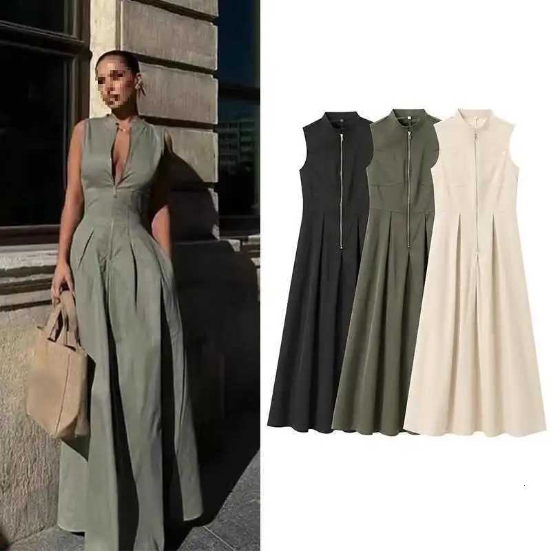 Elegant Sleeveless round Neck French Style Midi Dress Waist Cinched Street Trend Long Skirt Polyester Fabric Pure Color PrintT260314