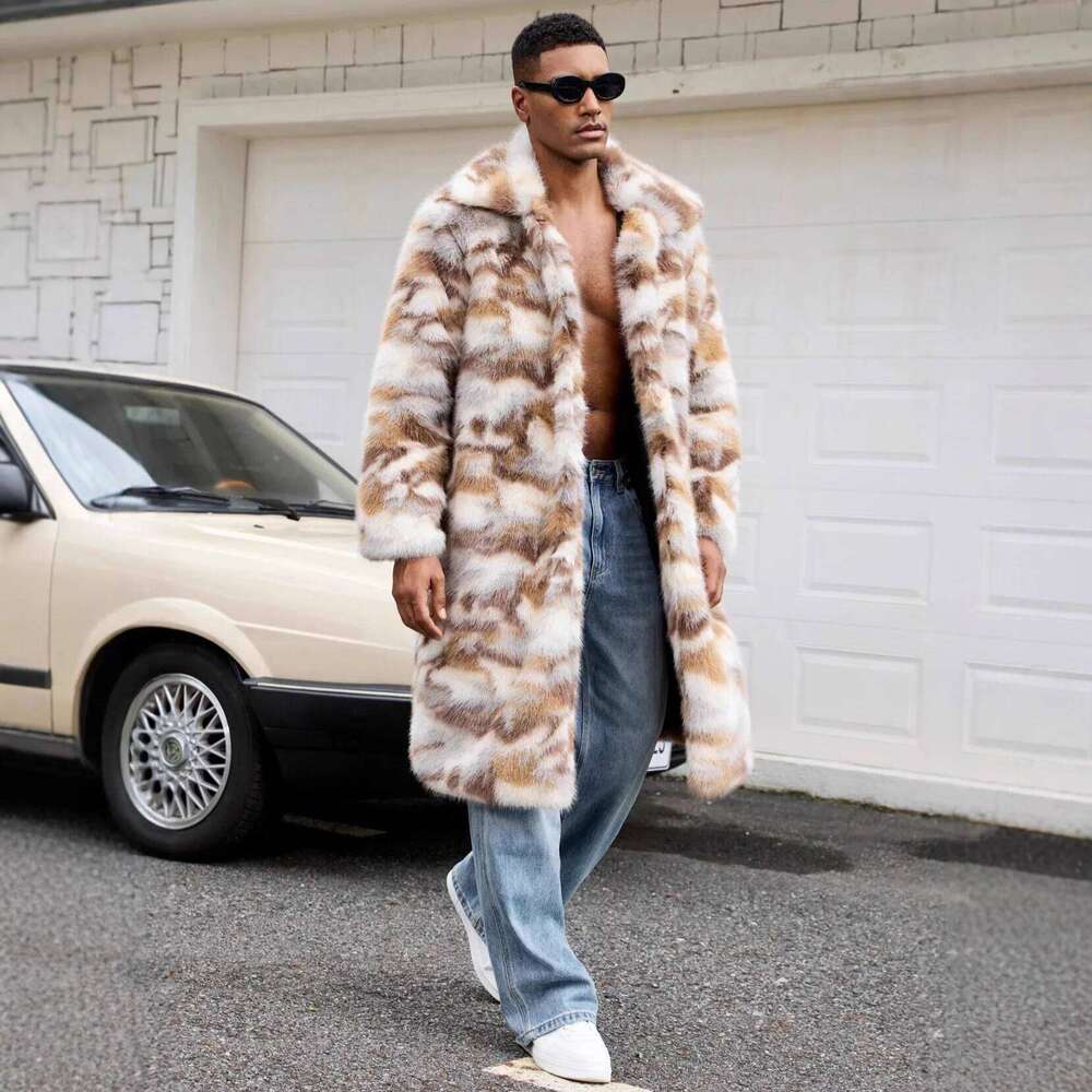 European American Autumn Winter New Fashion Men's Turn-down Collar Camouflage Casual Trendy Loose Faux Fur Cardigan Coats Tops Z260313