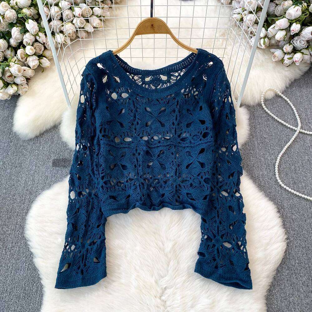 2024 Spring Summer Pullovers Tops Korean Fashion Long Sleeve Women Hollow out Knitted Shirt Round Neck Hook Flower Knitwear Z260314