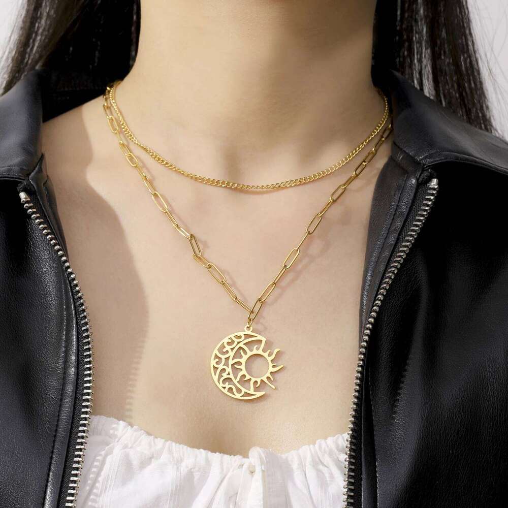 Kkjoy Fashion Stainless Steel Gold Color 35mm*34mm Sun Moon Double Chain Necklace For Women Wedding Party Jewelry Gift Wholesa H260312