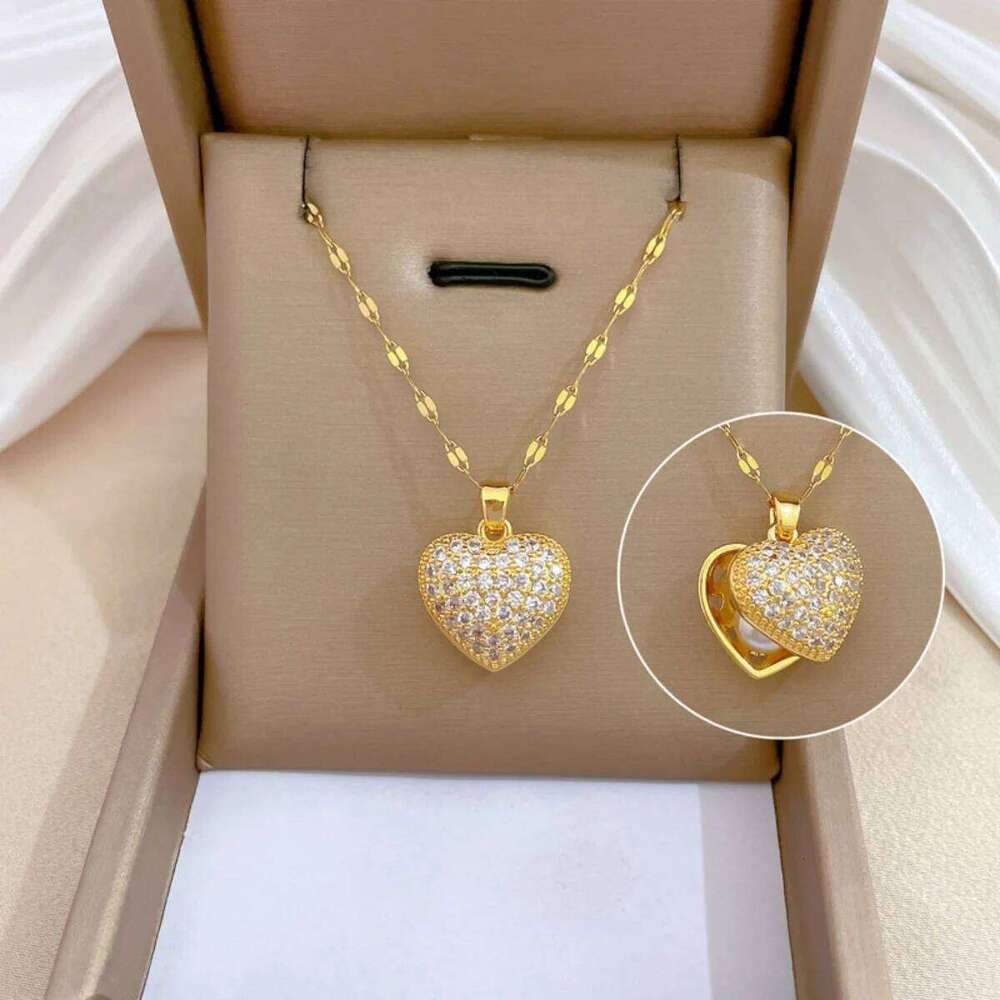 Exquisite Inlaid Zircon Openable Pendant Necklace For Women Men Stainless Steel Imitation Pearl Heart Choker Jewelry H260312
