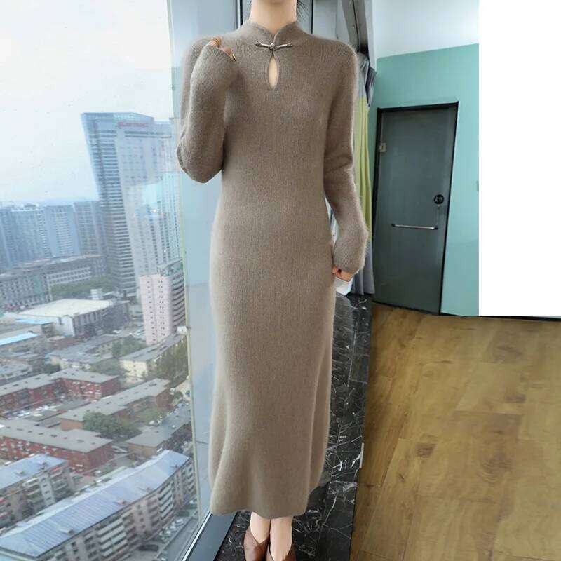Women' 100%Pure Mink Cashmere Stand-Up Collar Buckle Slim Knit Long Skirt Fashion High Waist Over The Knee Bottoming Dress Z260313