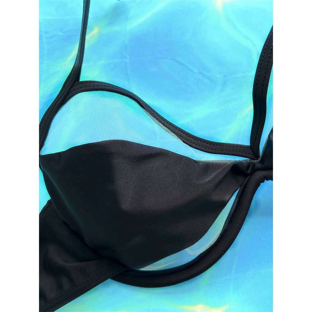 Transparent Bikini Black Gothic Swimsuit Push Up Backless String Hollow Out Micro Tanga Swimwear Women Beach Outfit Bathing Suit Y260303