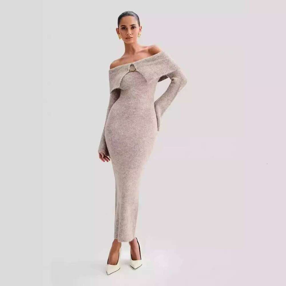 Women Knitting 2025 Autumn Knit Sweater Women's Off The Shoulder Bodycon Long Sleeve Slim Fit Midi Dress Z260313