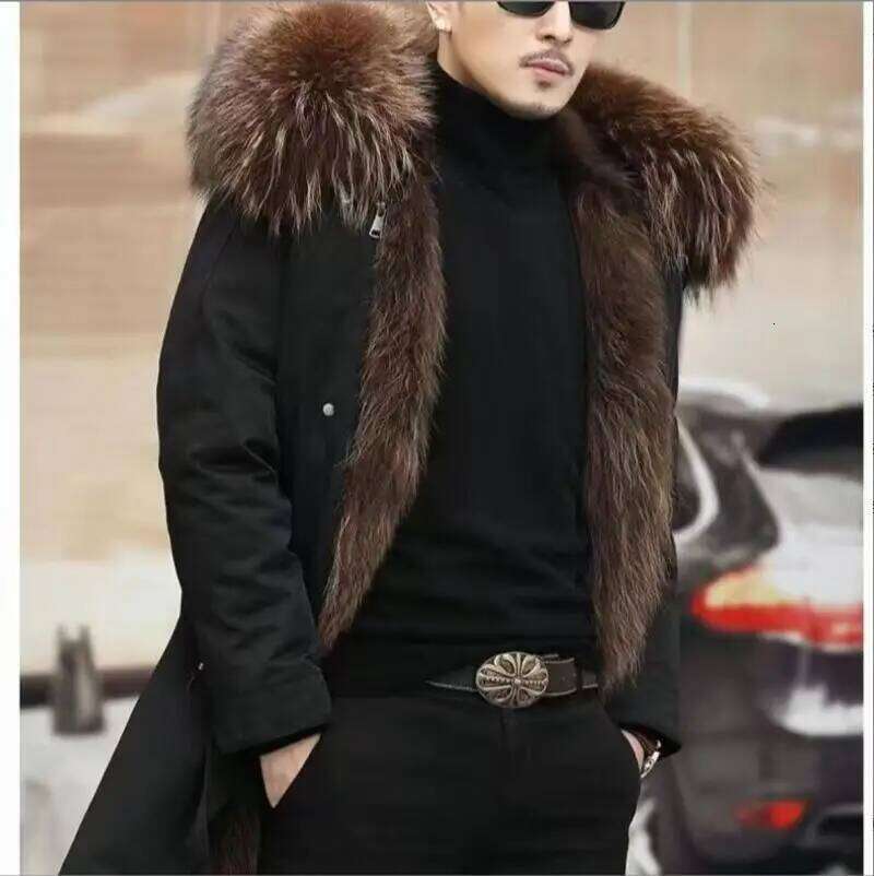 Men's Parka Coat Faux Fur Collar Detachable Medium-Length Winter Jaet Long Sve Hooded Casual Outerwear Z260313