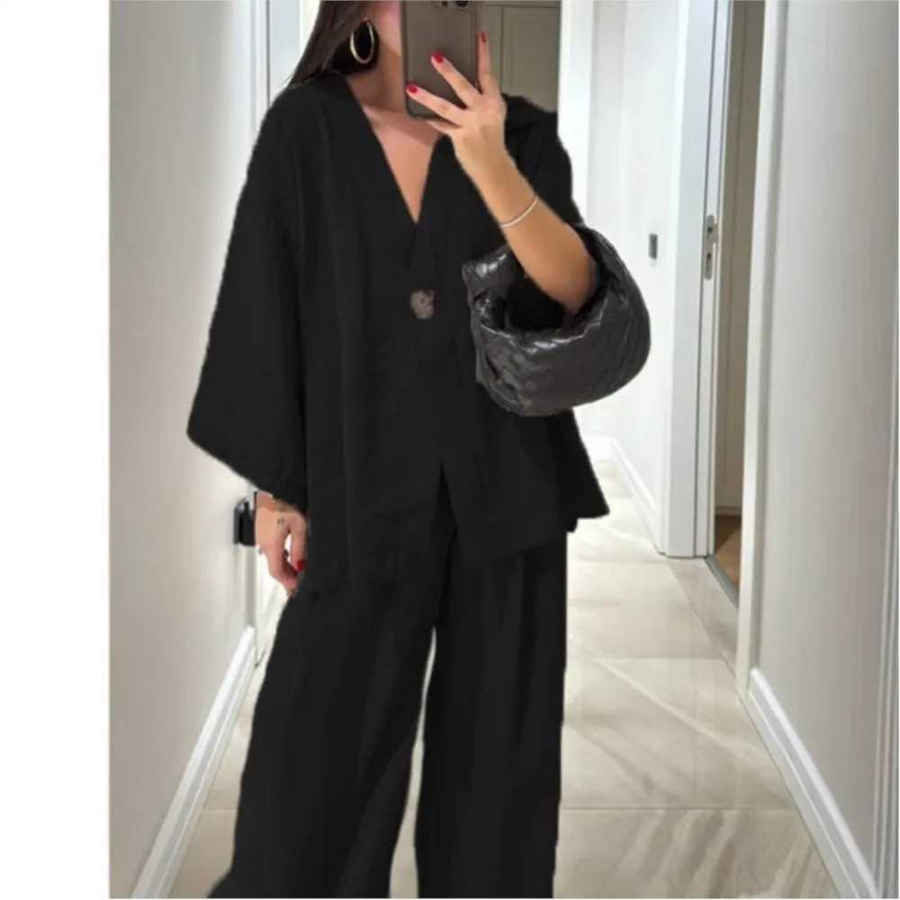 WomenS Classic Solid Wide Leg Pants Suits Summer Fashion V Neck One Button Loose Blouse Sets Casual Female Daily Streetwear2025 M260313