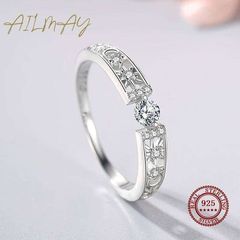 Ailmay Real 925 Sterling Silver Clear CZ Finger Geometric Line Rings For Women Classic Wedding Statement Jewelry H260312