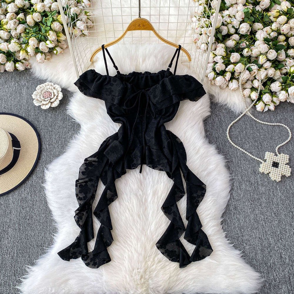 Designer French ruffled off shoulder women's vest 2026 new irregular jacquard slim fit top