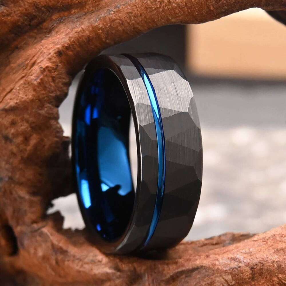 8mm black hammered tungsten steel blue men's wedding ring, fashionable and simple style comfort fit daily gathering H260312