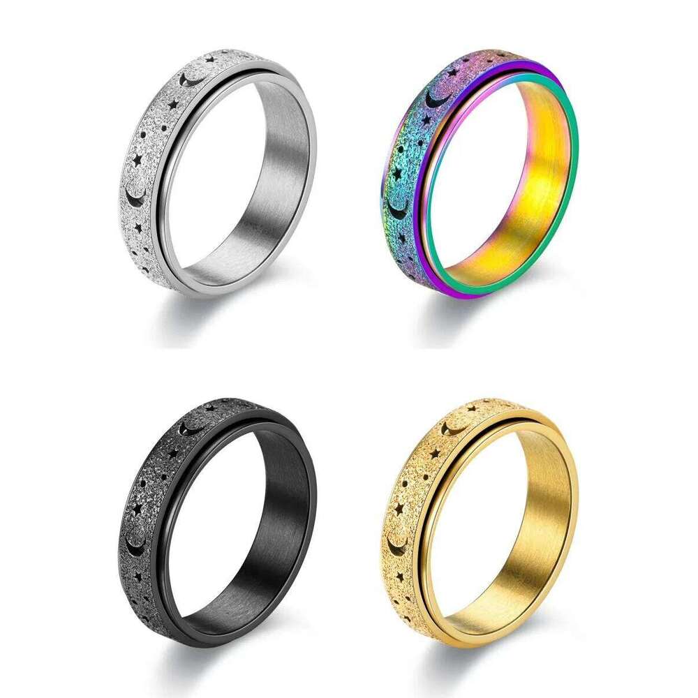 Hot Selling Fashion Casual New Stainless Steel Niche Decompression Hollow Star Moon Rotating Ring Wholesale Size 6-12 H260312