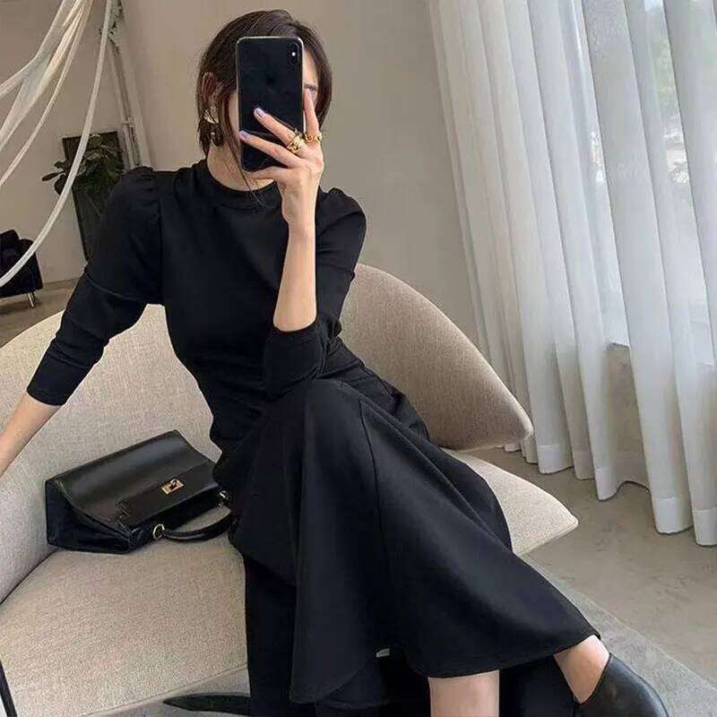 Elegant Fashion Harajuku Slim Fit All Match Women's Clothing Loose Casual Mid Length Skirt Solid Patchwork Long Sleeve Dresses Z260313