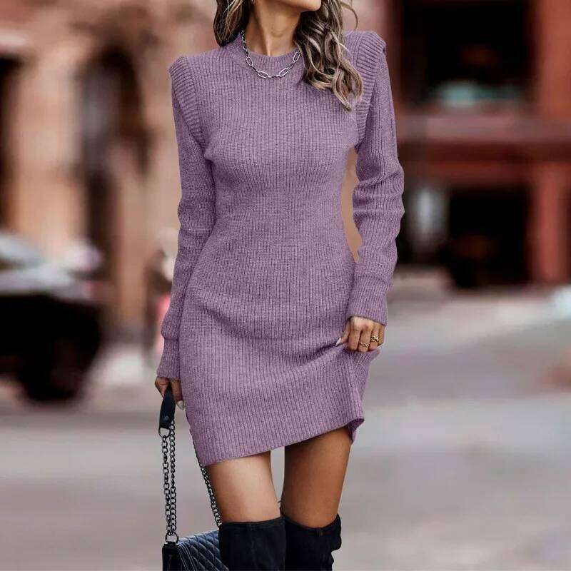 Round Neck Dress Solid Color Vestidos Knitted All-match Dresses 2025 Woman Long Sleeves Package Hip Slim Commuting Temperament Z260313