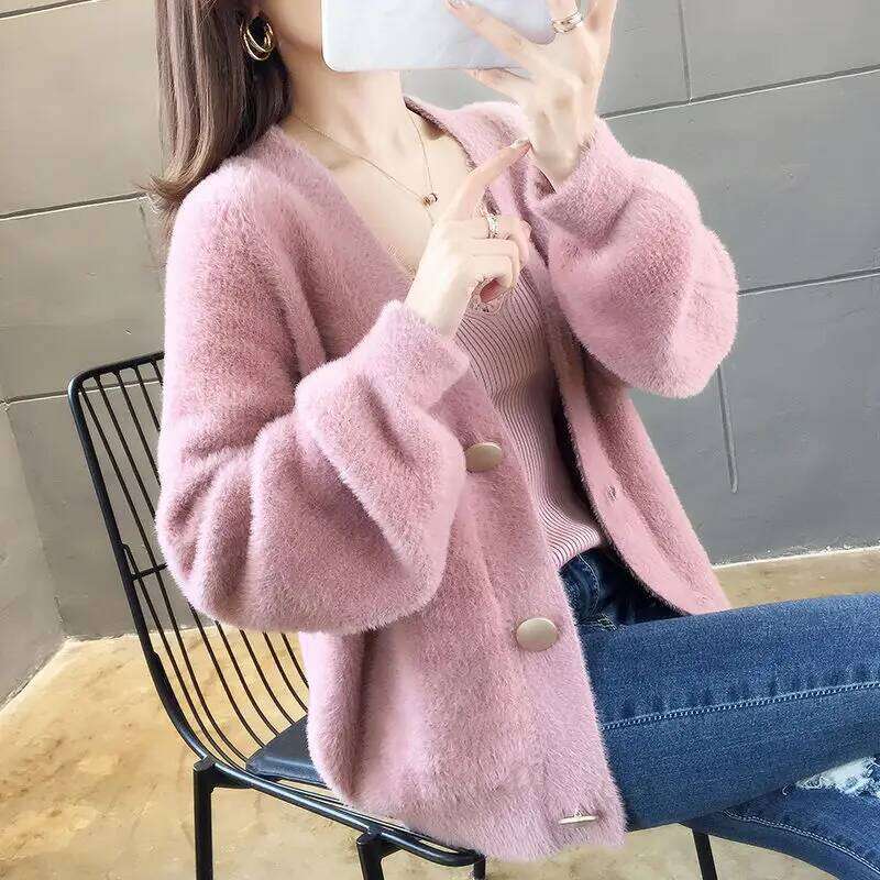 Spring New Plush Cardigan Jacket Women's Knitted Loose Korean Version Lazy Style Top Short Sweater for Women Z260313