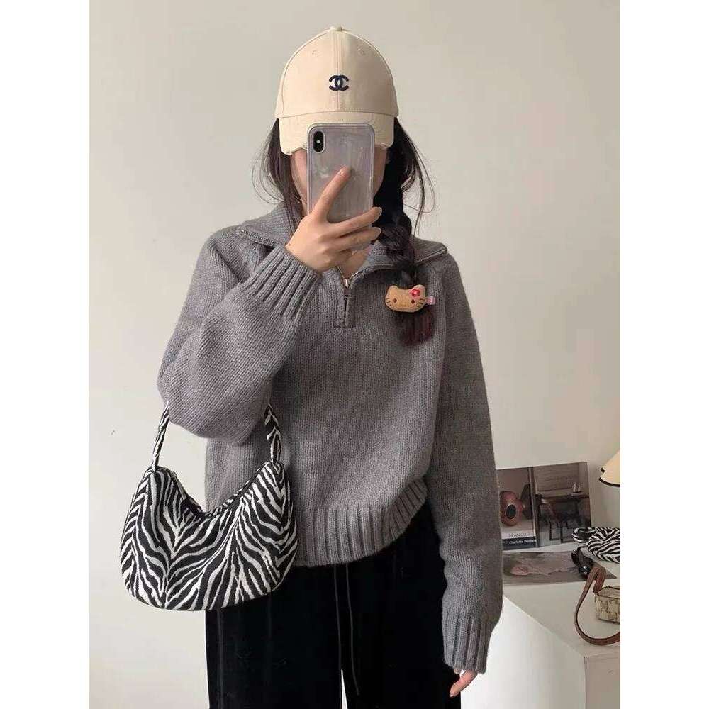Women Half Zip Sweater Winter Autumn Long Sleeve Plain Knit Sailor-Collar Pullover Knitwear Teen-girl Basic Outfit Z260313