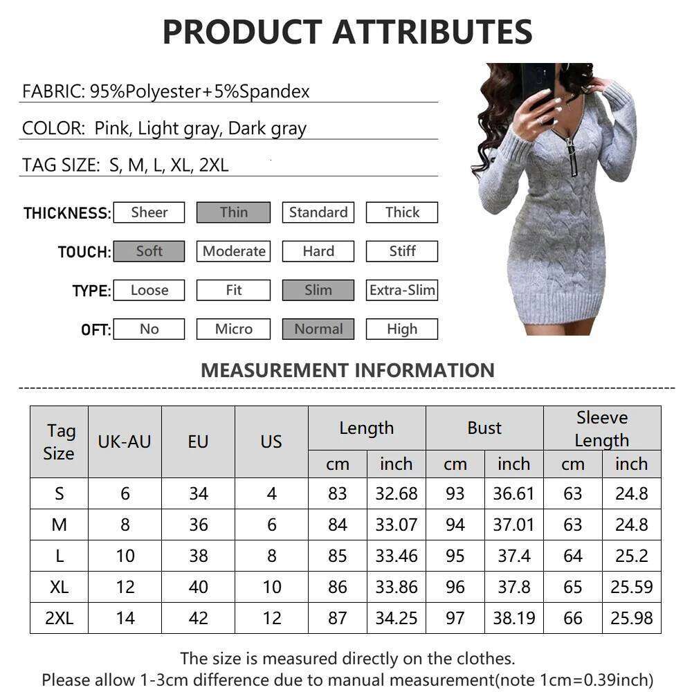 Women Sexy Slim Fit Knitted Sweater Dress Spring New V-neck Zip Long Sleeve Pullover Jumper Solid Casual Lady Mini Party Dresses Z260313