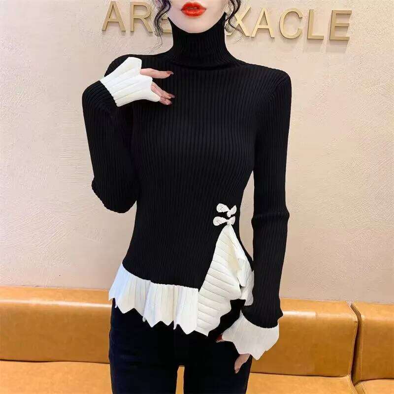 Vintage Knot Button Knitted New Spring Autumn Elasticity Slim Turtleneck Sweater Long Sleeve Office Lady Elegant Shirt Z260313
