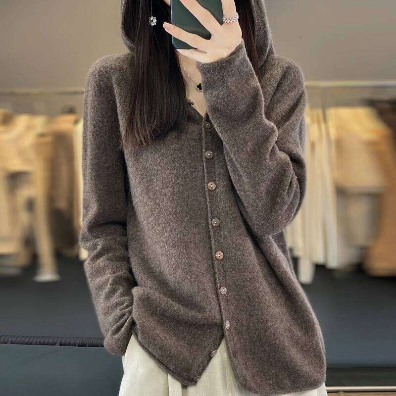 Cashmere 100% Merino Wool Women's Hooded Sweater Cardigan Solid Color Warm Loose Knit Top Z260313