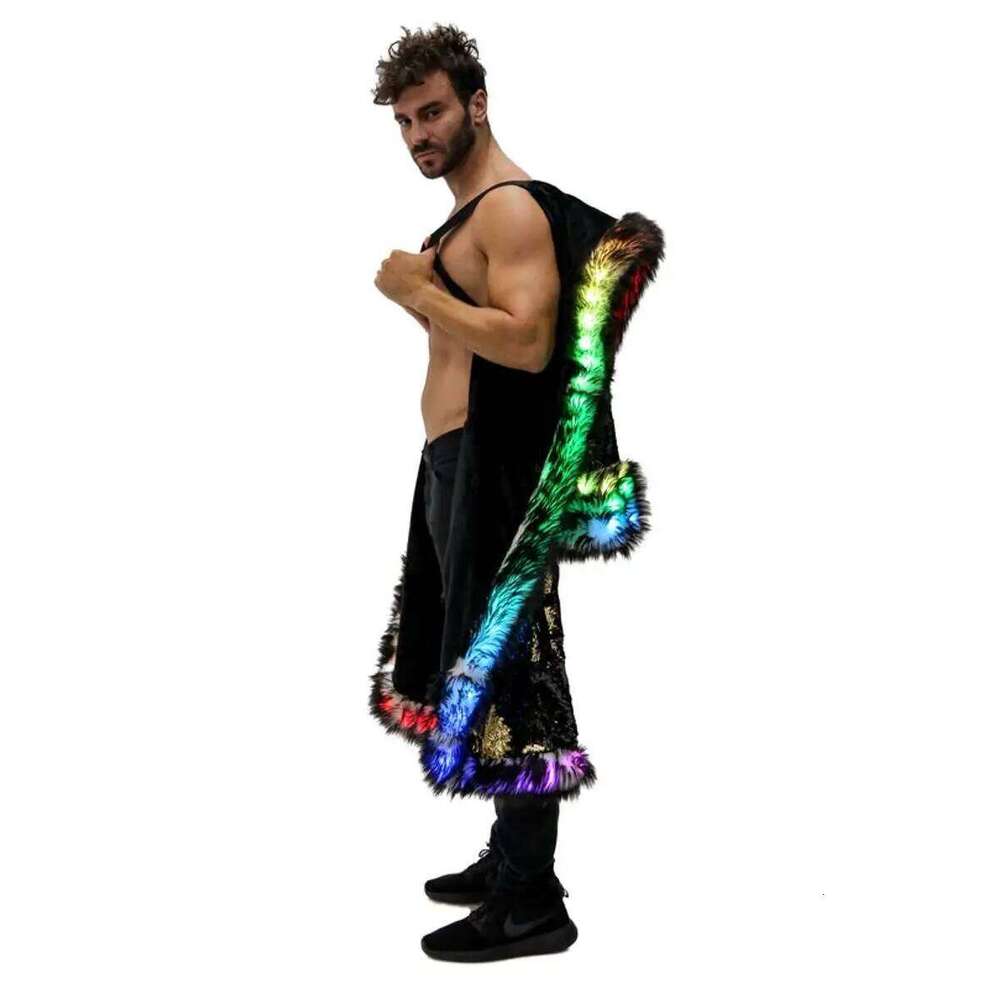 New LED Costume Long Hooded Flash Clothes Burning Man Clothing Men's Faux Fur Coat Z260313