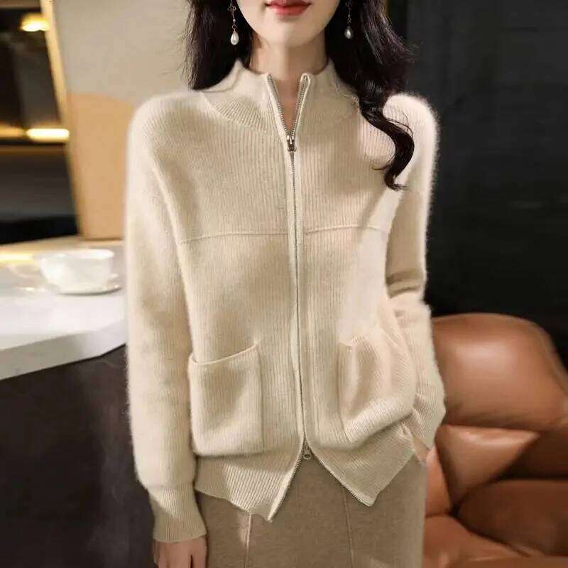 Fashion Knit Women Cardigan Casual Full Sleeve Zipper Stand Pleated Slim Lady Sweater 2025 Spring Autumn Office Female Knitwear Z260313
