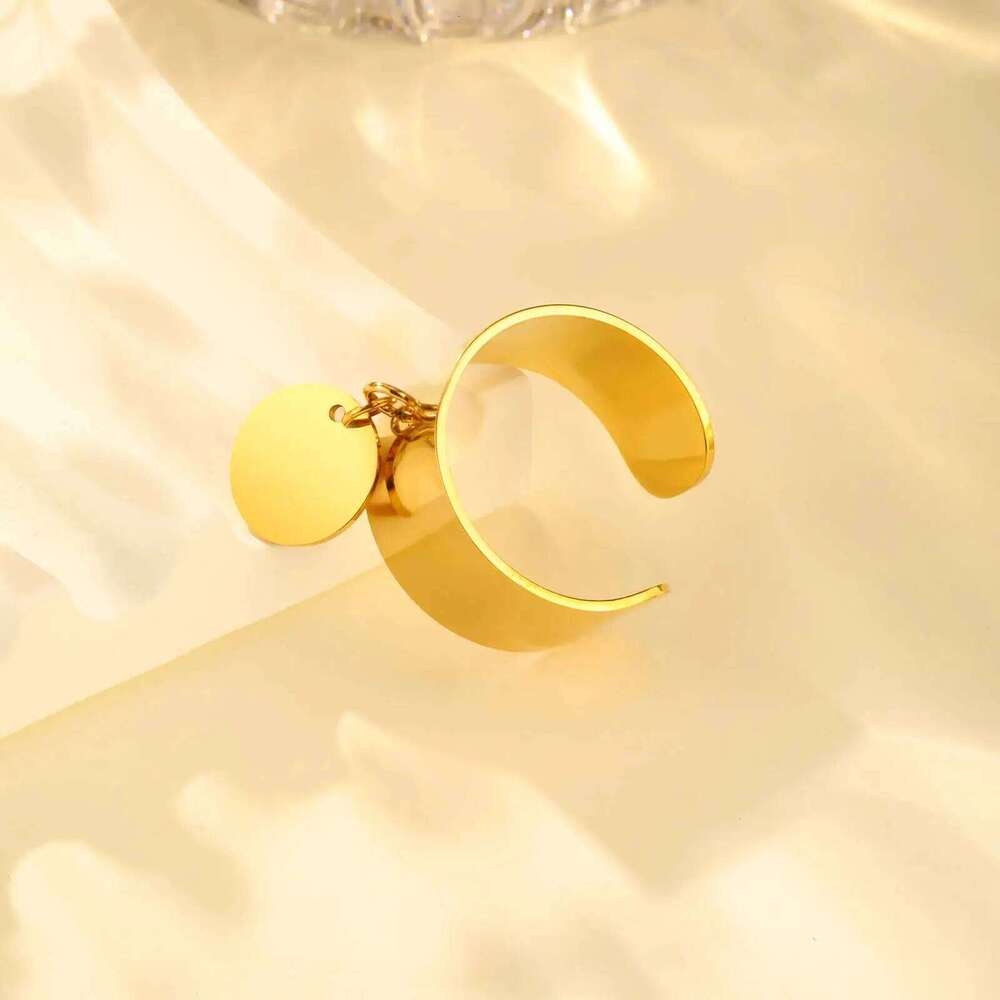 Minimalist Stainless Steel Open Ring with Round Pendant, 18K Gold Plated Charm Wide Ring, High Quality Jewelry for Women H260312
