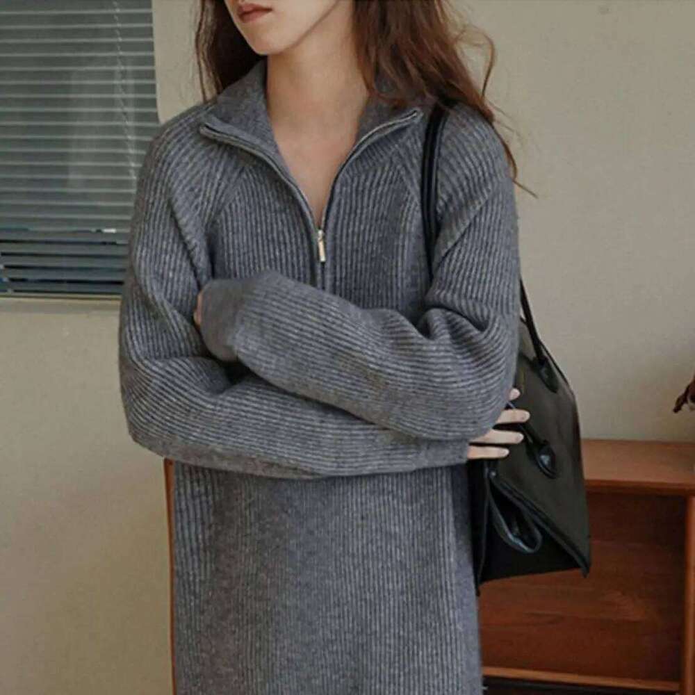 Lazy style over-the-knee mid-length lapel loose knit women autumn winter inner wear base layer knitted dress Z260314