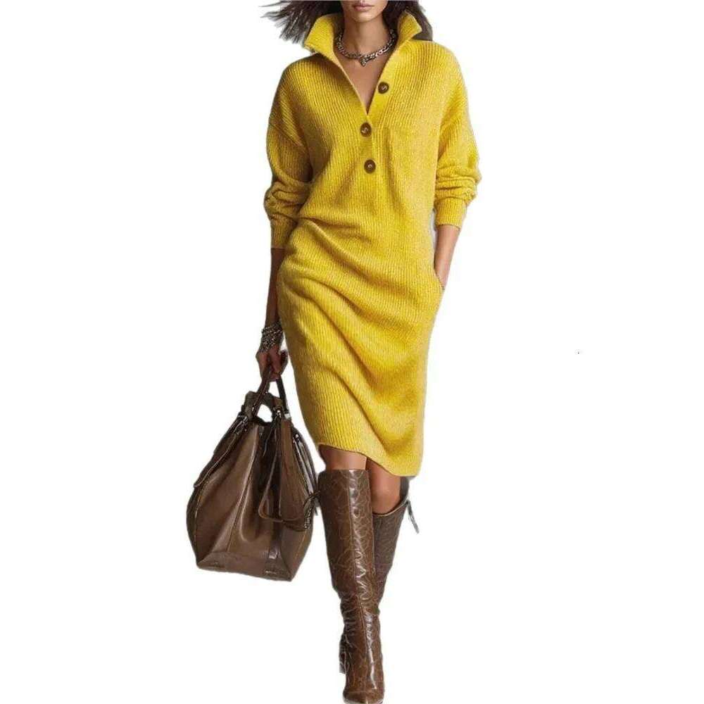 New Autumn Casual Button Loose Straight Knitting Mid-Length Sweater Dresses Women's Fashion Lapel Long Sleeve Pocket Party Dress Z260313
