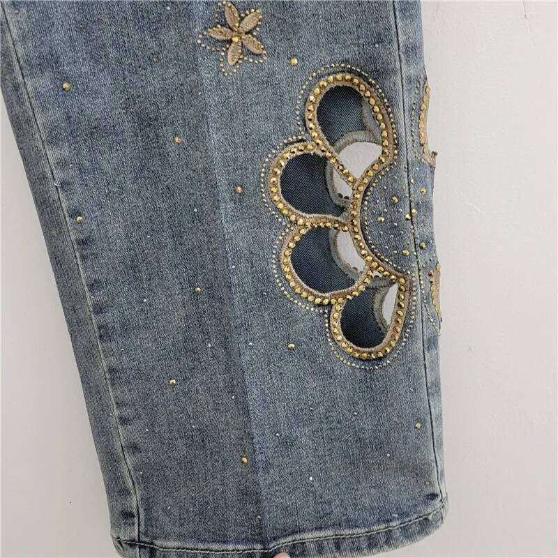 YEAE women's high-waisted hot embroidered hollow-out meat-covering and thin denim straight-leg pants Z260313