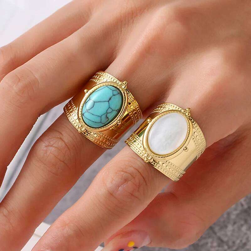 Bohemia Turquoise Natural Stone Wide Open for 14K Gold Plated Stainless Steel Ring Finger Rings Women Jewelry Gifts H260312