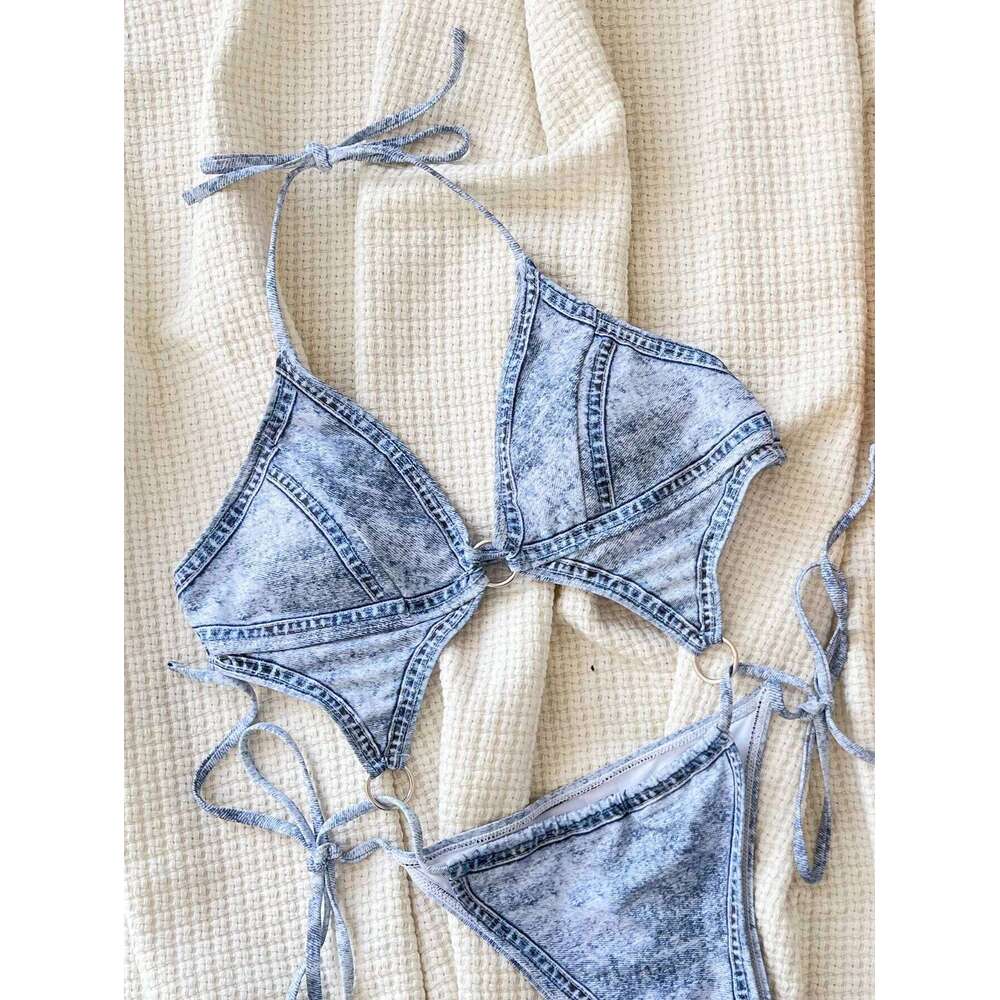 Sexy Sky Blue Print Halter Hollow Out One Piece Swimsuit 2024 New Summer Backless High Leg Cut Swimwear Women Beach Bath Suit Y260303