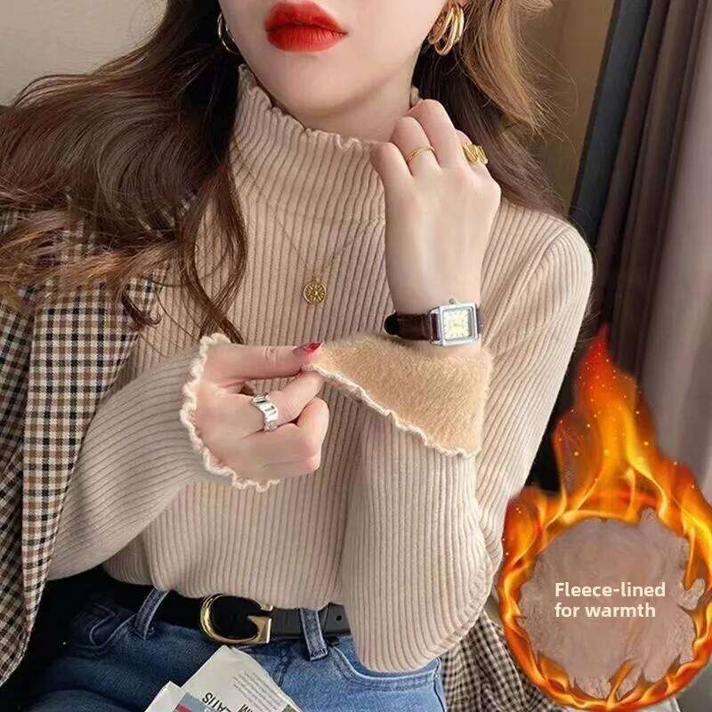Winter Thickened Long-Sleeved Semi-Turtleneck Bottoming Shirt with Fleece Inner Integrated Threaded Foreign Style Top for Women Z260313