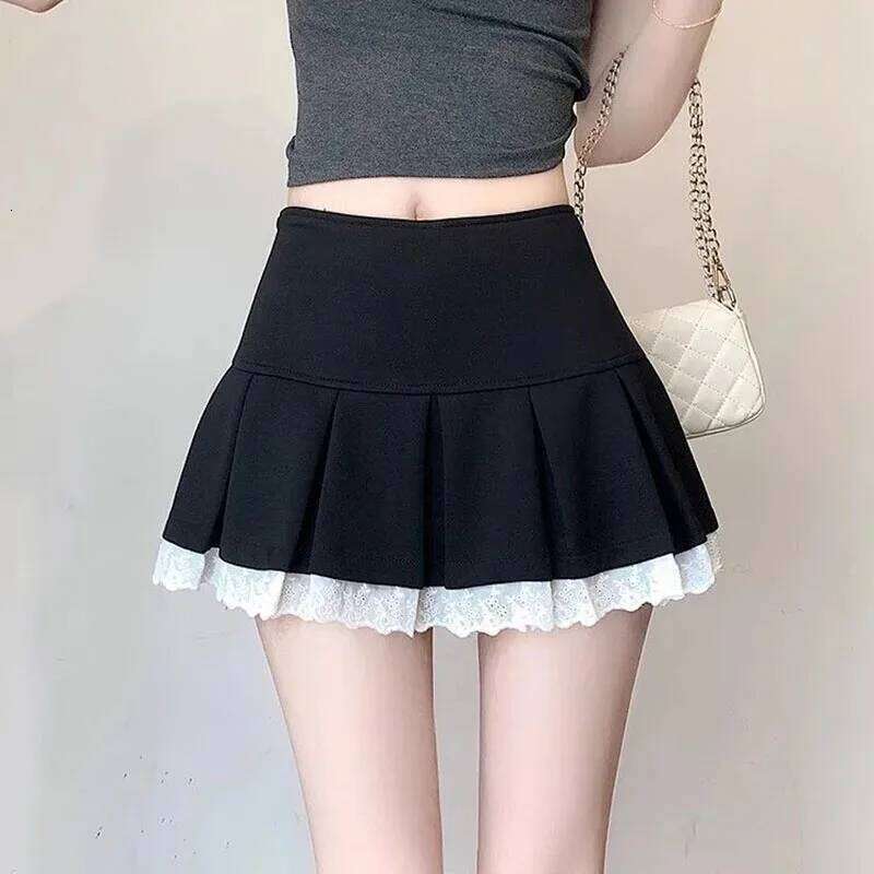High-Waisted Skirts for Women Korean Fashion Lace Spliced Pleated Ladies Summer All-Match Anti-Glare Mini Skirt Z260314