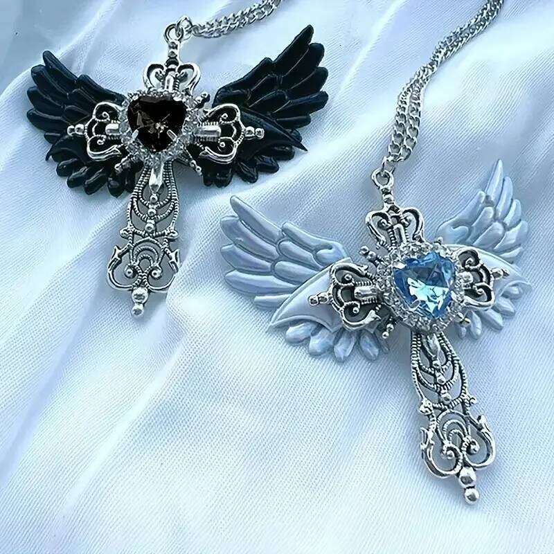Y2K Inspired Gothic Wings and Cross Pendant Punk Choker Necklace, Heart Shaped Faux Zirconia - Perfect Valentine's Day Gift H260312