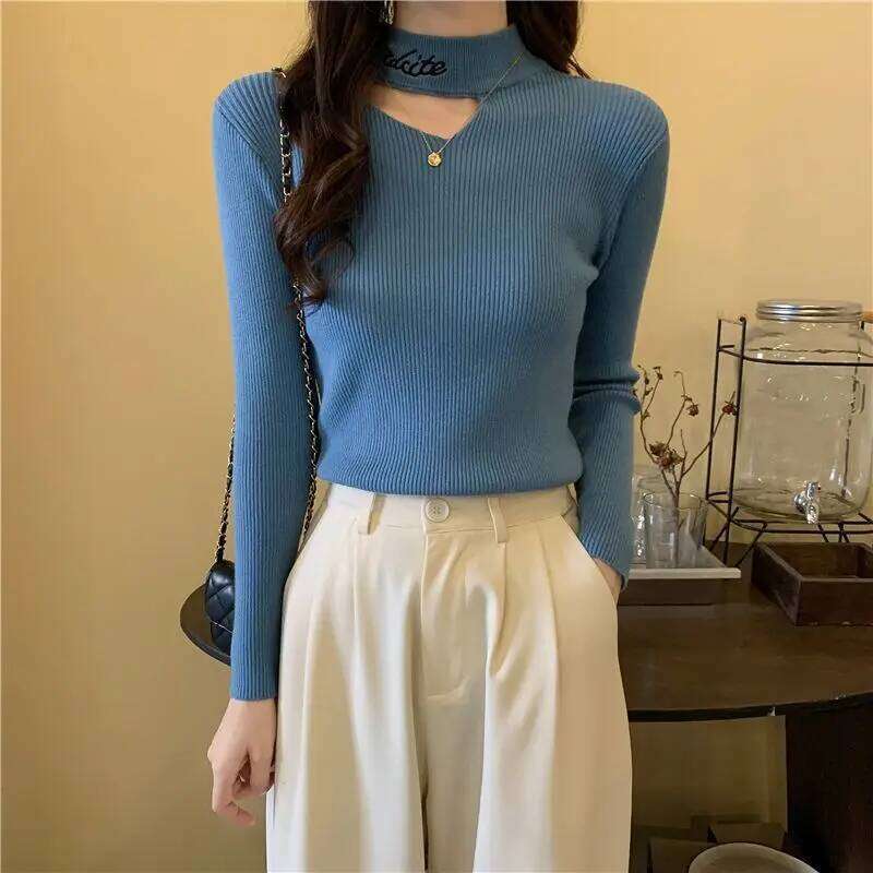 Hollow Half Turtleneck for Women in Autumn and Winter New Slim Fit Inner Long-sleeved Pullover Base Knit Sweater Trendy Z260313