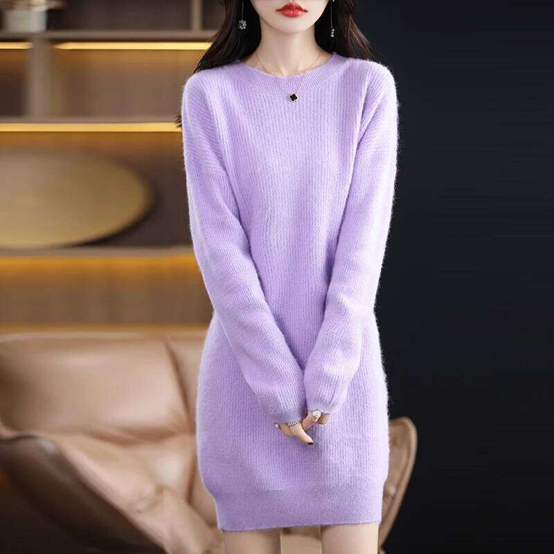 Autumn Winter New Round Neck Mink Cashmere Dress Women's Fashion Loose Slim Sleeve Pullover Long Skirt Korean Version Z260313