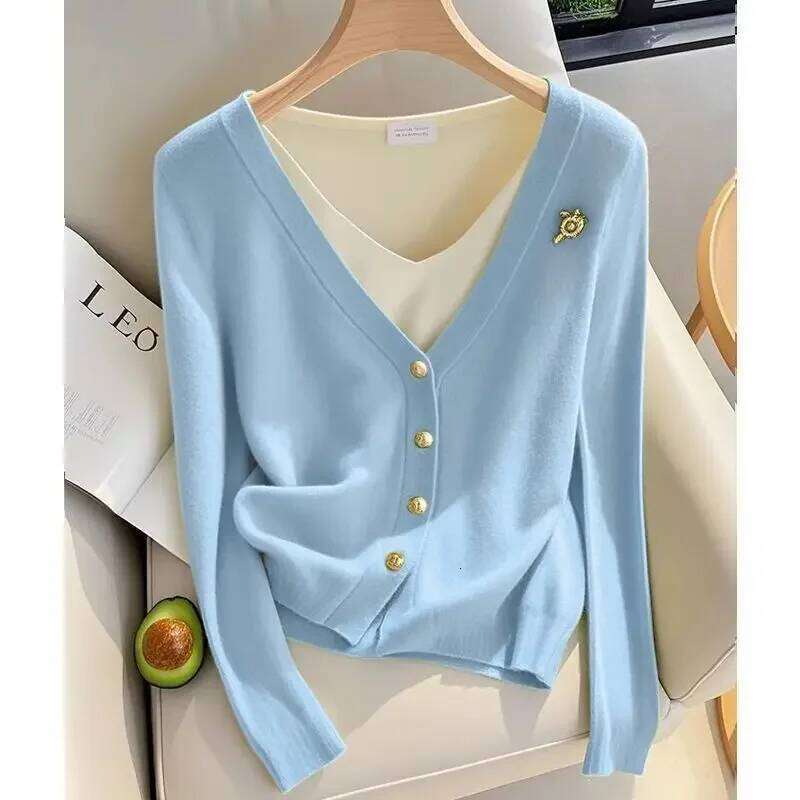 2024 Autumn New Fake Two Pieces Knitting Cardigan Interior Lapping Bottoming Shirt Ladies Simplicity Patchwork V-neck Sweater Z260313