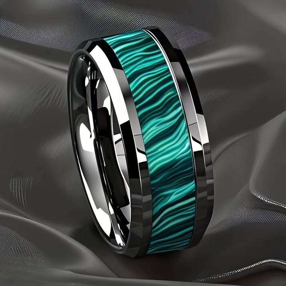 Wholesale 8MM Imitation of Peacock Stone Inlay Men's Stainless Rings Silver Color Wedding Band Jewelry for Men Steel Ring H260312