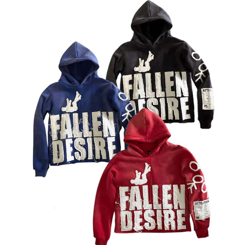 Harajuku Y2K Hip Hop Streetwear Casual for Women FALLEN DESIRE Applique Hoodie Pullover Sweatshirt Z260314