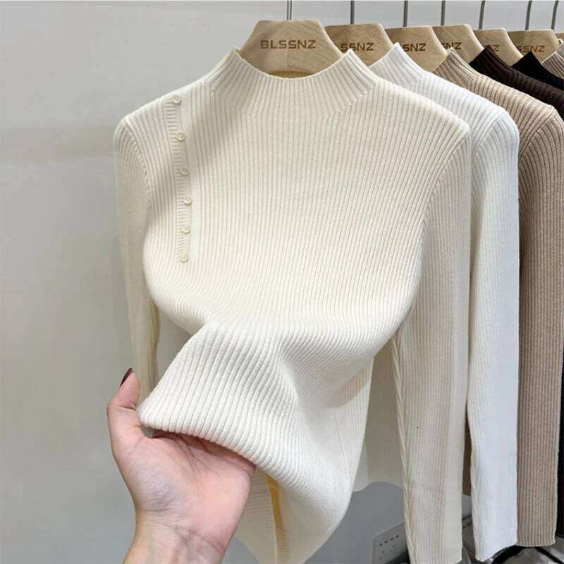 AOSSVIAO 2025 Autumn Winter New Sweater Women's Turtleneck Solid Color Pullovers Korean Long Sleeve Slim Button Femme Warm Tops Z260314