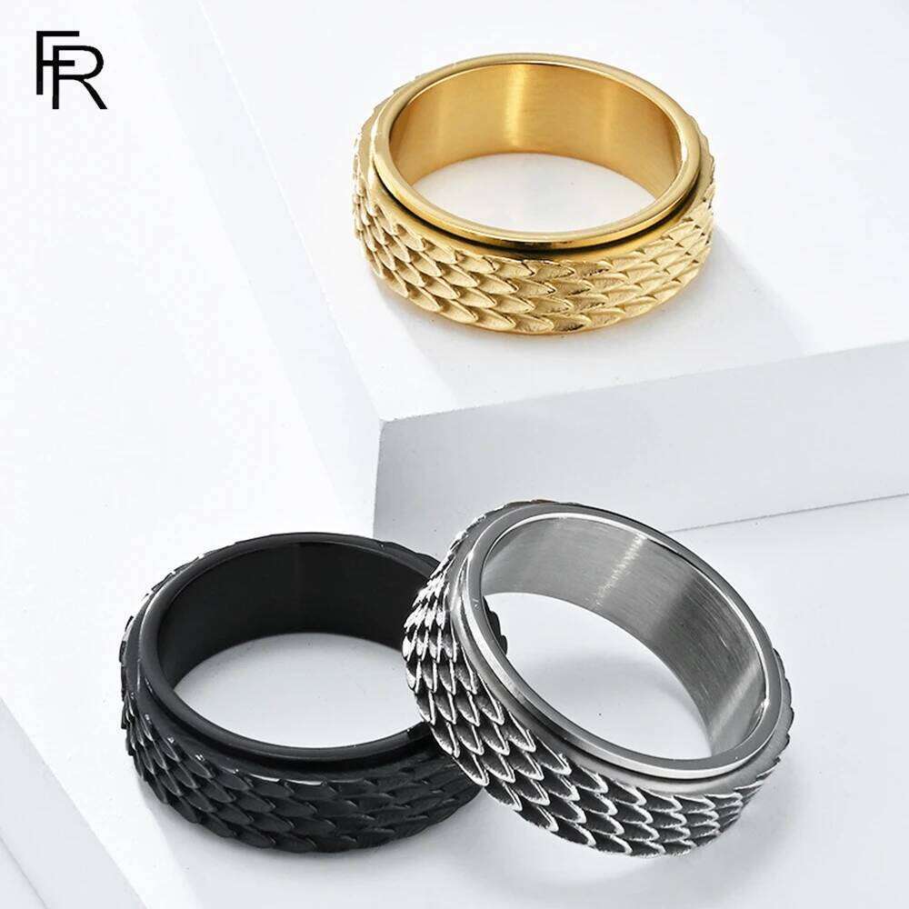 Retro Dragon Scale Rotatable Titanium Ring To Relieve Anxiety Angel Feather Stainless Steel Rings H260312
