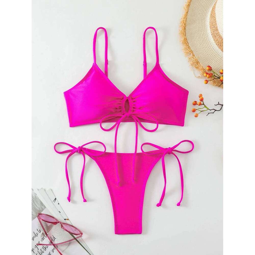 sexy rose red drawstring halter string bikinis sets two pieces tie padded thong swimwear female bathing suit biquini tankini Y260303