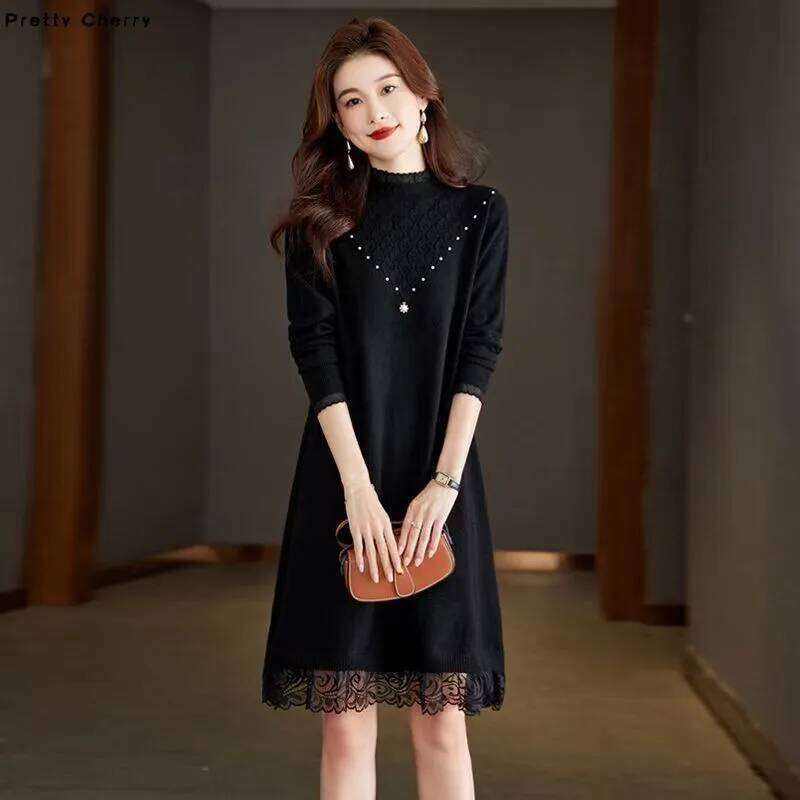 2025 Autumn Winter Women's Lace Stitching Dress Over The Knee Long Female Sweater Skirt Knitted Round Neck With Vestidos Z260313