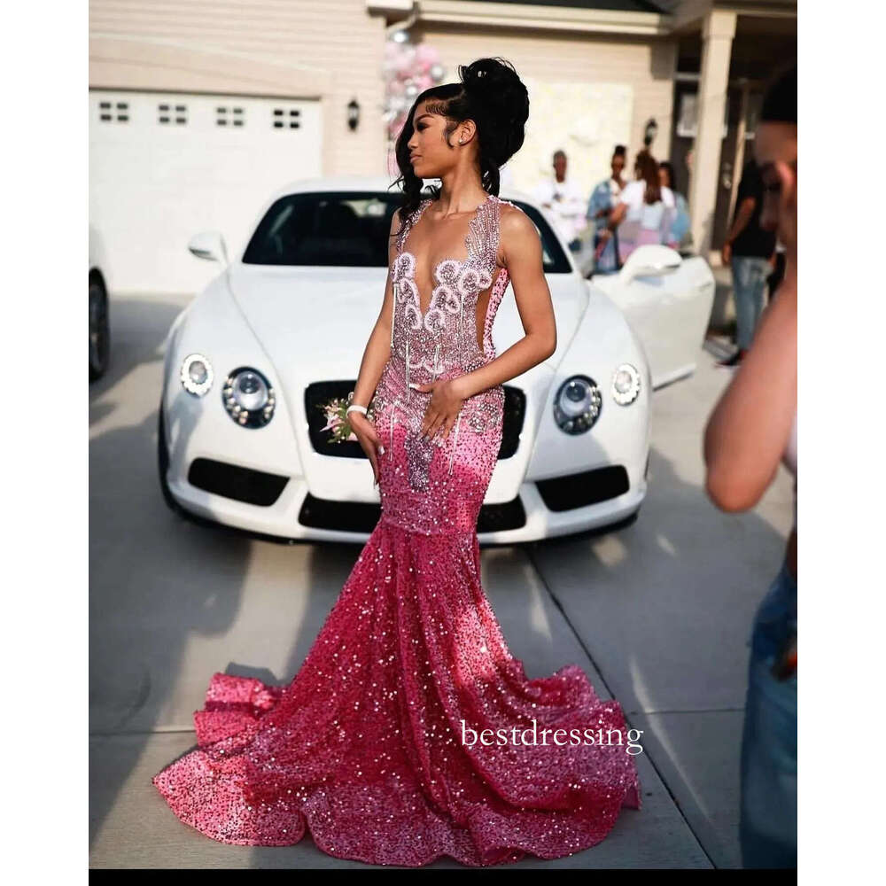 Gorgeous Hot Pink Sequined Prom Party Dresses 2025 Glitter Beadings Diamonds Crystals Black Girls Birthday Evening Gowns Robes De Bal Bc20329 B0313