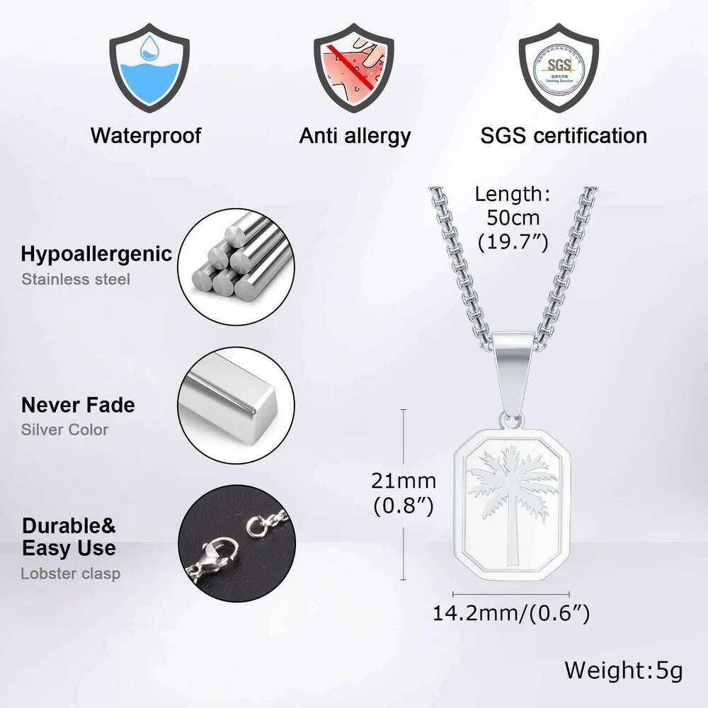Hawaiian Tree Necklaces for Men,Stainless Steel Palm Trees Square Pendant Necklaces.Chic Stylish Jewelry Gift H260312