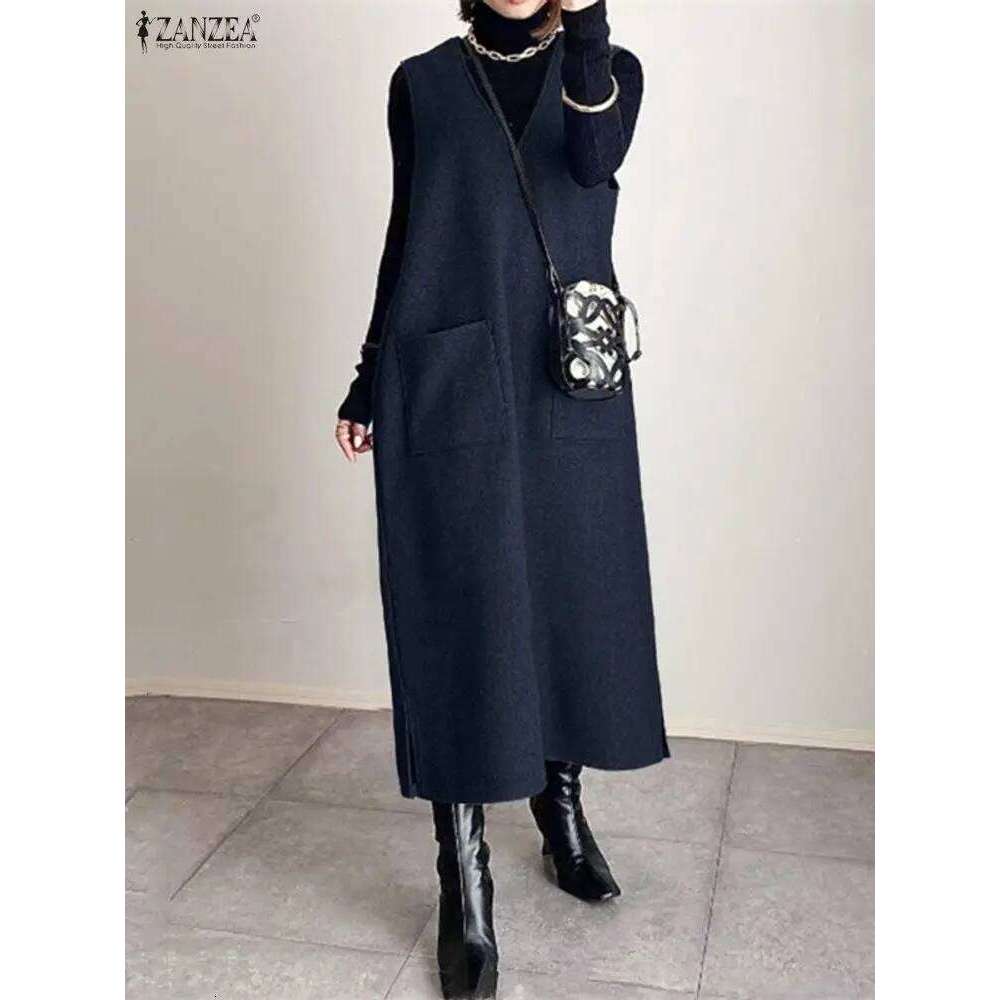 2025 Autumn Sweatshirt Dress ZANZEA Women Stylish Tanks Robe Elegant V Neck Sleeveless Winter Dresses Casual Baggy Work Sundress Z260313